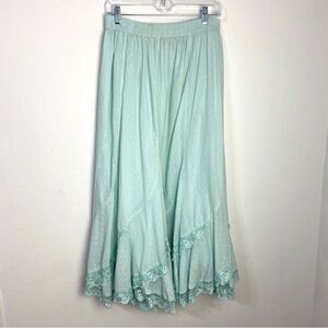 Denim 24/7 Green Tiered Maxi Skirt 14W ‎ Gauzy Eyelet Trim Ruffled Beachy Boho